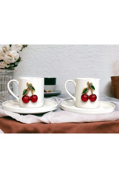 YzHome 6-Person White Porcelain Phenomenon Cherry Coffee Cup Set Presentation Cup