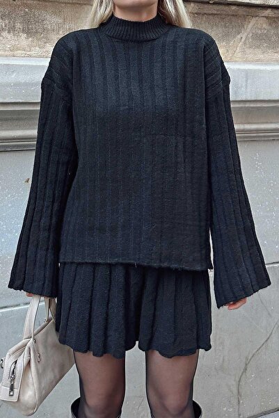 Swist Fekete nyakú pulóver-szoknya alsó-felső női kötöttáru szett