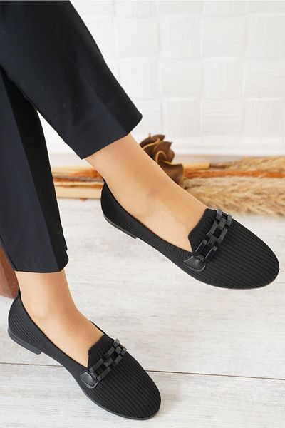Demashoes Tricotaje negre de damă cu lanț Balerini de zi cu zi pentru femei Talpă ușoară și confortabilă