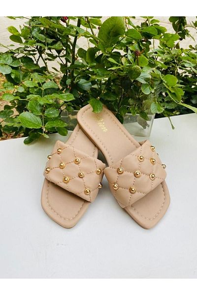 Demashoes Women's Nude Studded Daily Slippers Dowry Bundle Guest Sea Home Beach Vacation Slippers
