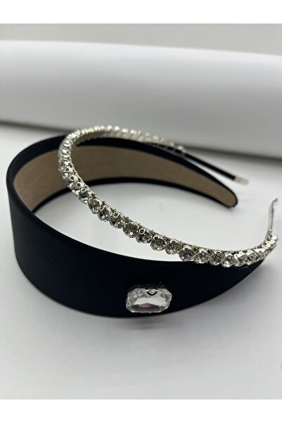 modernist Black Stone Detailed Satin Crown and Zircon Stone Crown Set