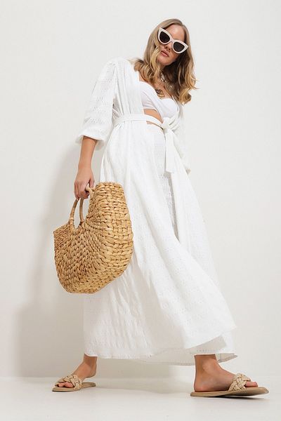 Trend Alaçatı Stili Women's White Self-Textured Openwork Long Pants Kimono Set Alc-X11710
