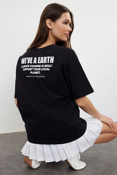 Trendyol Collection Black More Sustainable 100% Cotton Printed Relaxed/Comfortable Fit Knitted T-Shirt TWOSS24TS00152