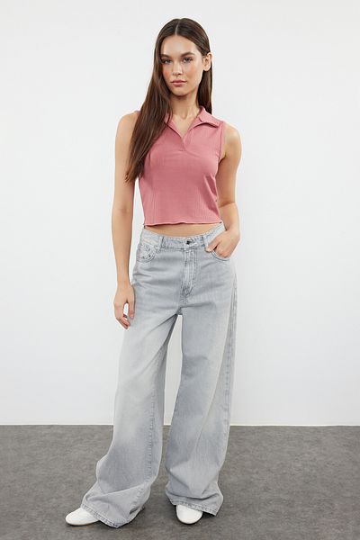Trendyol Collection Πλεκτή μπλούζα Polo Λαιμός Ροζ Κορδόνι - TWOSS22BZ0335