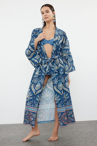 Trendyol Collection Ethnic Patterned Maxi Woven 100% Cotton Kimono & Kaftan TBESS24KM00022