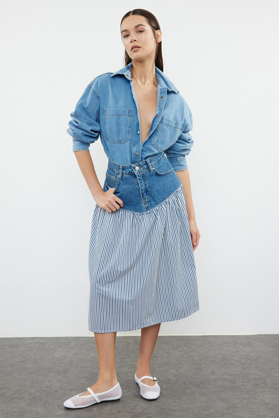 Trendyol Collection Magas derekú Midi farmer szoknya - többszínű és chevron, blokk minta TWOSS24ET00142