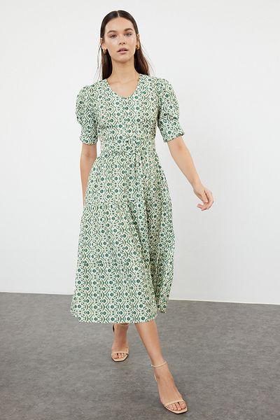 Trendyol Collection Μίντι φόρεμα με λαιμόκοψη σε γραμμή Α πράσινο έθνικ με ζώνη - TWOSS24EL01071