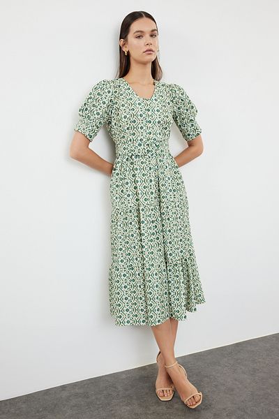 Trendyol Collection Μίντι φόρεμα με λαιμόκοψη σε γραμμή Α πράσινο έθνικ με ζώνη - TWOSS24EL01071