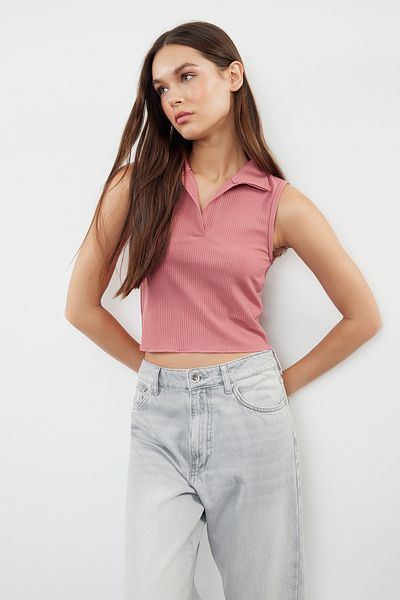 Trendyol Collection Πλεκτή μπλούζα Polo Λαιμός Ροζ Κορδόνι - TWOSS22BZ0335