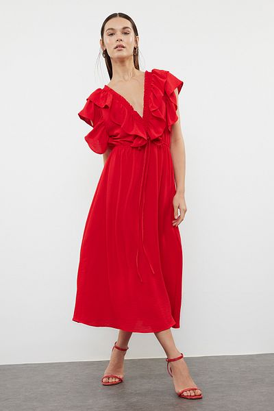 Trendyol Collection A-line Red Flounce Viscose Dress - TWOSS24EL01053