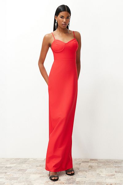 Trendyol Collection Red Fitted Long Evening Dress Tprss24Ae00115