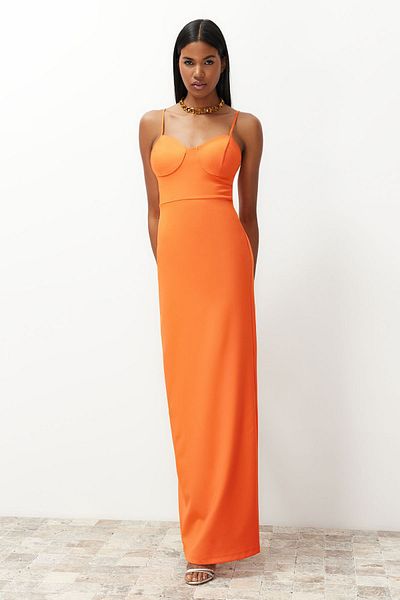 Trendyol Collection Long Orange Evening Dress - Chest Detail, Woven, Suitable for Body Type TPRSS24AE00115