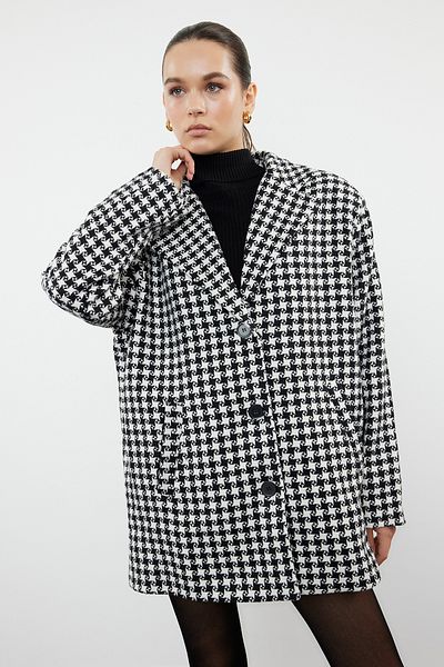 Trendyol Collection Oversize černá vlna Houndstooth - široký střih kabát TWOAW25KB00015