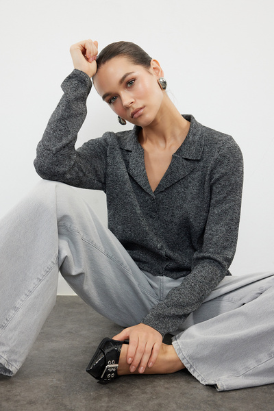 Trendyol Collection Anthracite Polo Collar Knit Cardigan TWOAW25HI00069