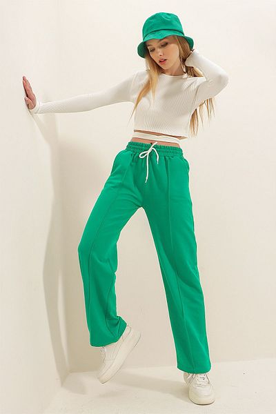 Trend Alaçatı Stili Pantaloni de sport de damă, verzi, cu talie înaltă, în față, cu picior largi, cu două buzunar ALC-X7957