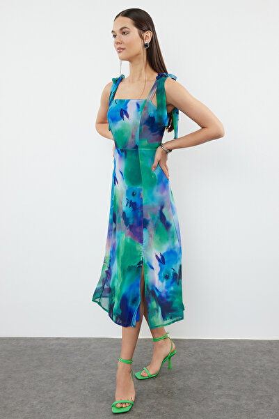 Trendyol Collection Rochie A-line albastră cu fantă florală - Detaliu Gipe șifon căptușit Midi TWOSS24EL00699