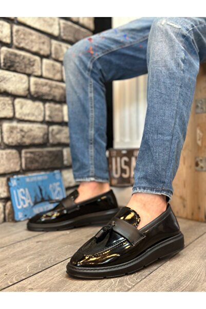 BOA BA0005 Laceless High Black Sole Classic Patent Leather Tassel Corcik Men's Shoes