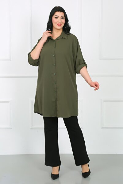 By Alba Collection Plus Size Women's Tunic - Khaki Dubai Fabric