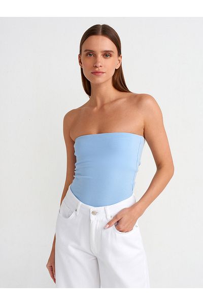 Dilvin 20659 Strapless Blouse-Blue