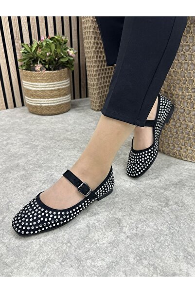 Allyup Daily Women's Black Ballerinas Adjustable Buckle Single Band Short Heel Blunt Toe Silver Stone Shoes 287