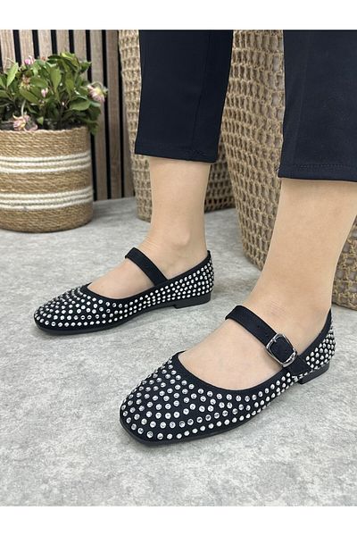 Allyup Daily Women's Black Ballerinas Adjustable Buckle Single Band Short Heel Blunt Toe Silver Stone Shoes 287