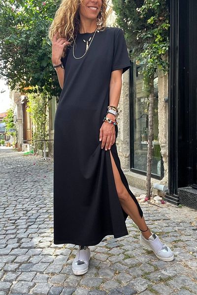 Güneşkızı Black Shoulder Buttoned Slit Long Dress for Women BST700-3618