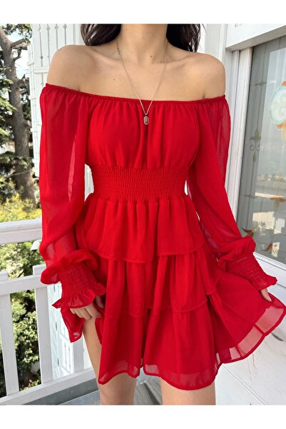 quadrefashion düşük omuzlu şifon elbise