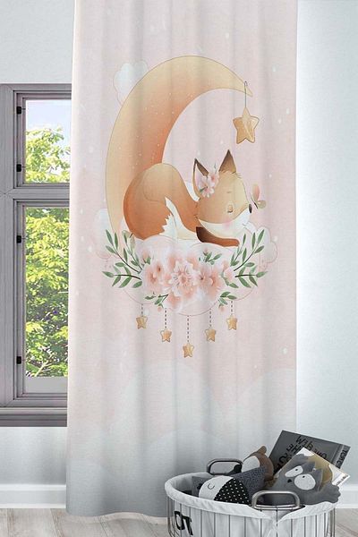Else Dekor Moon Star Patterned Fox Decorative Children's and Baby's Room Background Curtain
