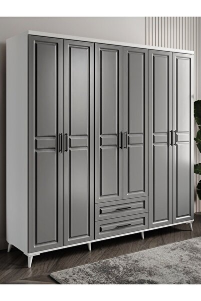 GuneyStore Ücretsiz Montaj Gözde 6 Kapaklı Komple Mdf Antrasit - Beyaz Gardırop