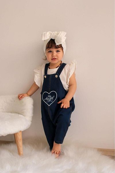 Tiny World Ecru Short Sleeve Detailed Angel Winged Angel Baby Girl Denim Salopet