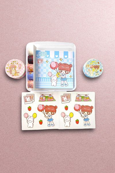 Marseliko Cute Girl Blue Post-it, Αυτοκόλλητο, Σετ με κουτί με ταινία Washi / Washi Tape / Bullet Journal