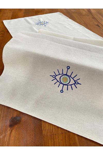 Soft Colours Authentic Embroidered Eye Evil Eye Runner - 100% Cotton, 40x100 Cm
