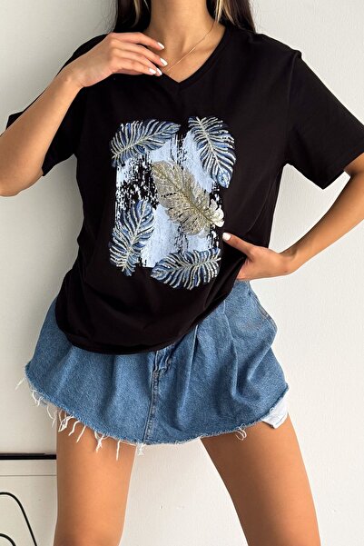 FEMELLE Dámské černé tričko velké velikosti s flitry z peří do V s výstřihem do V 100% bavlna