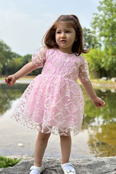 Baby Animals Kız Bebek Elbise Kız Çocuk Elbise Doğum Günü Parti Düğün Elbise Dantelli Kısa Kol Astarlı Elbise