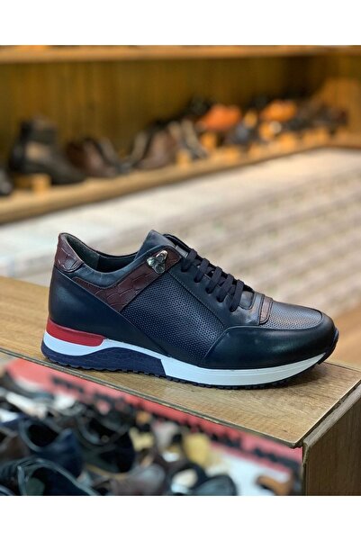 Parlak Lacivert Erkek Hakiki Deri Sneakers