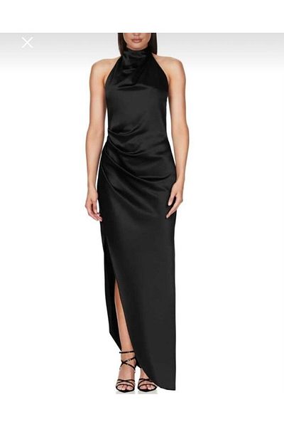 Nsb Tasarım Black Satin - Slit Detailed Women's Long Dress