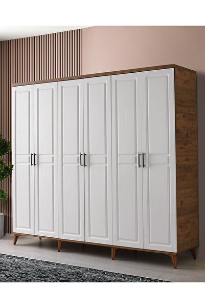 GuneyStore Ücretsiz Montaj Komple Mdf Sport 6 Kapaklı Atlantik Çam-beyaz Gardırop Elbise Dolabı