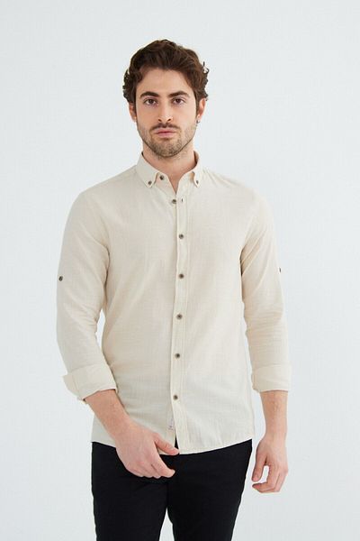 RAVANELLI Sarte - Ανδρικό μπεζ Slim Fit Slim Fit με κουμπιά πέτο λινό πουκάμισο 100% βαμβακερό