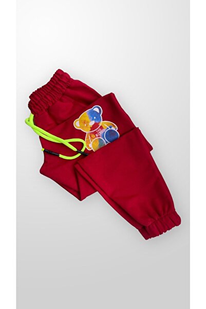 THE KOGO Çocuk Kırmızı Cepli Neon Ayıcık Baskılı %100 Pamuk Yazılı Eşofman Takımı
