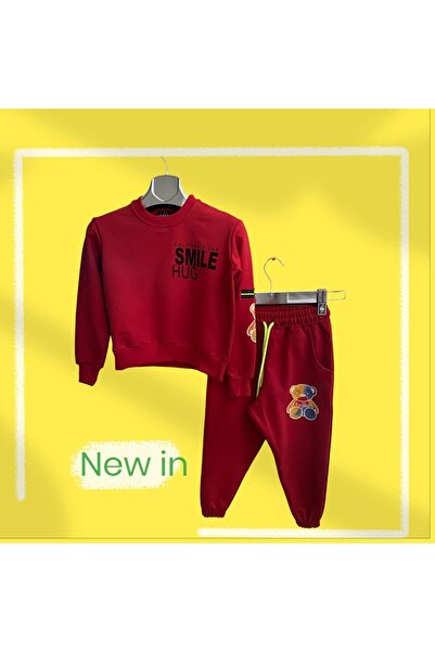 THE KOGO Çocuk Kırmızı Cepli Neon Ayıcık Baskılı %100 Pamuk Yazılı Eşofman Takımı