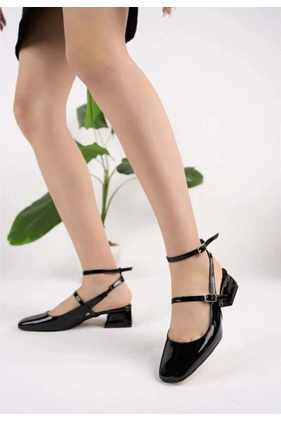 Demashoes Mary Jane Black Patent Leather Open Back Square Toe Short Block Heeled Shoes