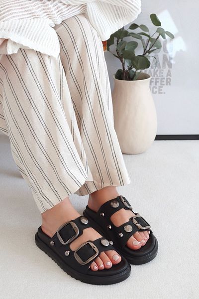 POLKA STORE Papuci de damă Glamour cu dungi duble, cu cataramă aurie, confort zilnic