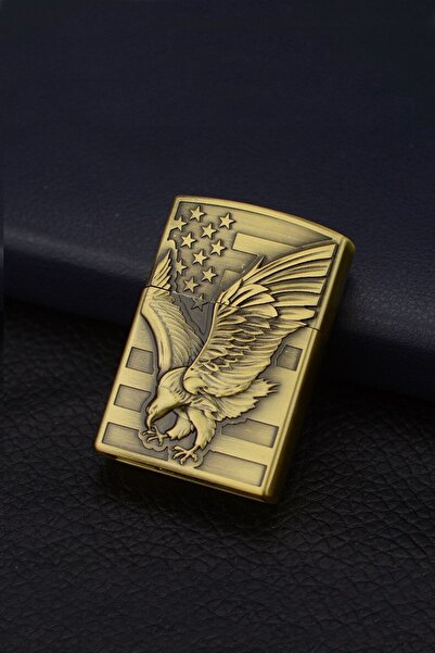 hiçdurmaal Kabartmalı Kartal Görselli Eskitme Sarı Renkli Gazlı Şık Metal Çak...