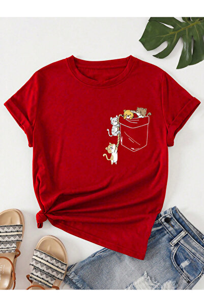 coolart Tricou roșu supradimensionat cu pisici și frânghii - De vară, cu mâne...