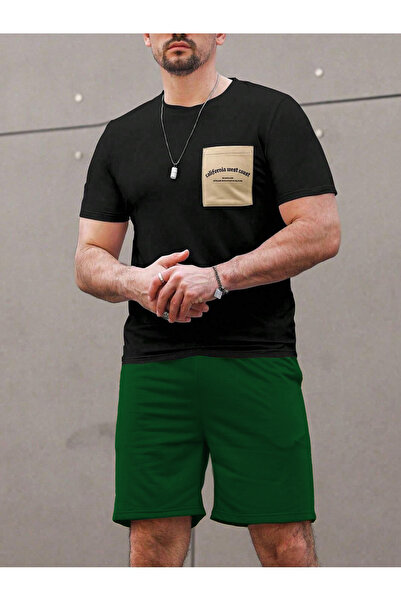coolart طقم تي شيرت وشورت بطبعة جيب كاليفورنيا - أسود أخضر، رقبة دائرية