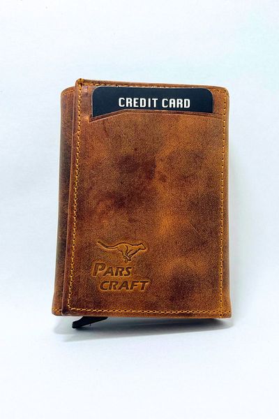 Parscraft Suport pentru carduri portofel cu mecanism automat Crazy Tan din piele naturală 100%.