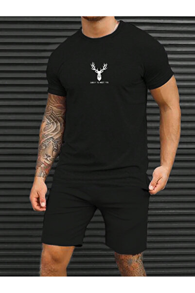 coolart طقم تي شيرت وسروال قصير أسود من Lucky Deer - رقبة دائرية مطبوعة