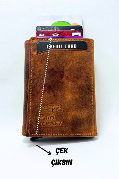 Parscraft Suport pentru carduri portofel cu mecanism automat Crazy Tan din piele naturală 100%.