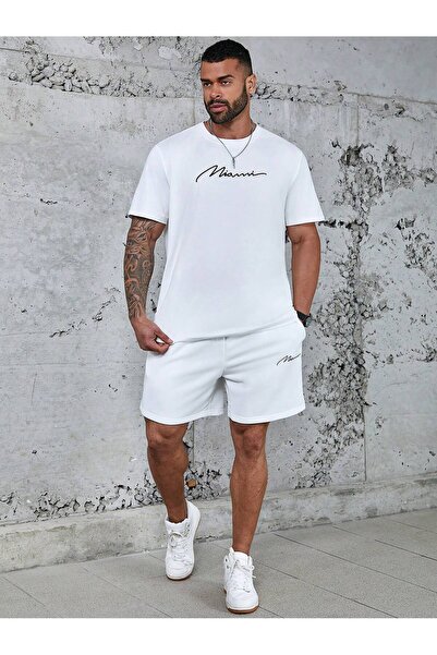 coolart Σετ λευκό μπλουζάκι και σορτς με στάμπα Miami - Λαιμόκοψη ποδηλάτου