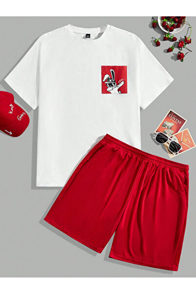 coolart Set tricou și pantaloni scurți cu imprimeu cu iepuri, alb și roșu - D...